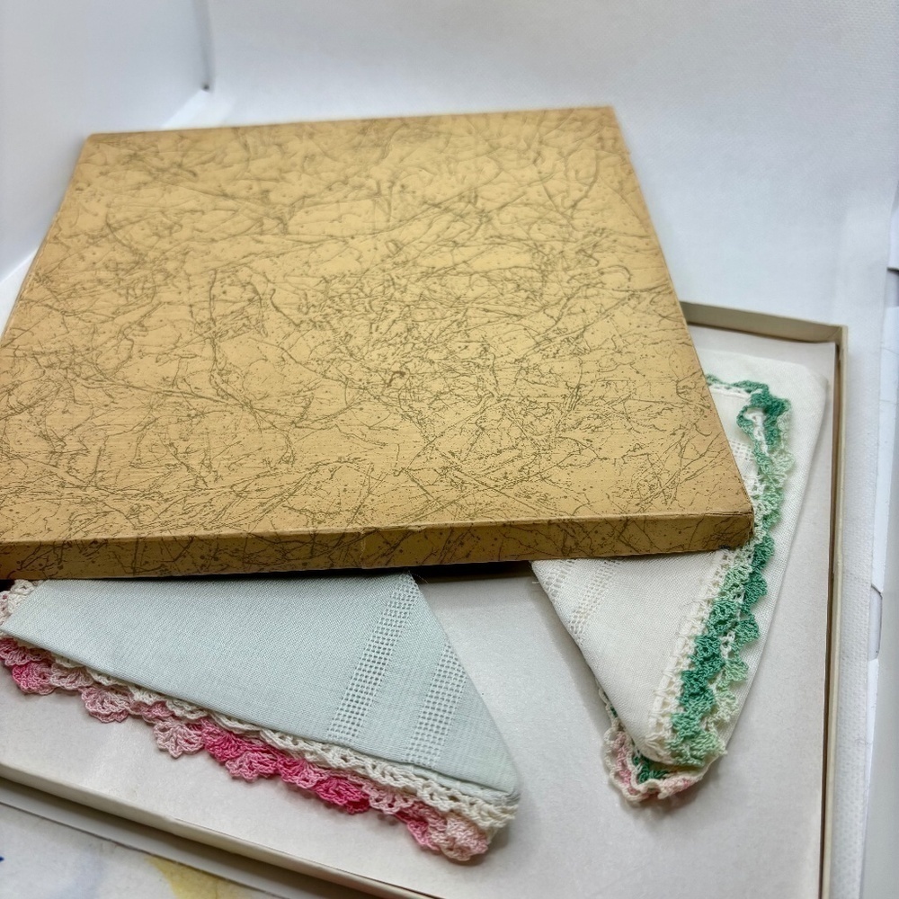 Vintage Linen Pocket Squares with Delicate Crochet Edge, with Box, Circa 1940s